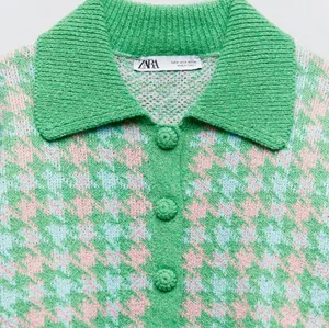 Zara Green‎ Pink Houndstooth Cropped Knit Cardigan Polo Collar Button Front M thumbnail 5