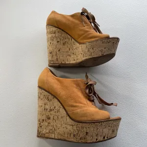 Gianvito Rossi Suede Cork Open Toe Lace Up Platform Shoes Orange/Beige Womens 37 thumbnail 8