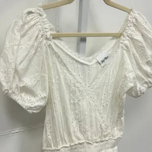 Sky to Moon Eyelet Lace Mini Dress Puff Sleeve Smocked Waist‎ Small White Boho thumbnail 5