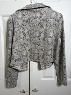 She + sky Snake-Print Cropped Moto Jacket in Taupe/Black size medium thumbnail 5
