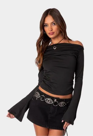 Edikted Dana gathered top off the shoulder ruched long bell sleeve going out M thumbnail 1