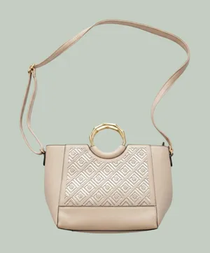 Liz Claiborne Beige Saffiano Crossbody Bag Bamboo Handle Geometric Metallic thumbnail 1