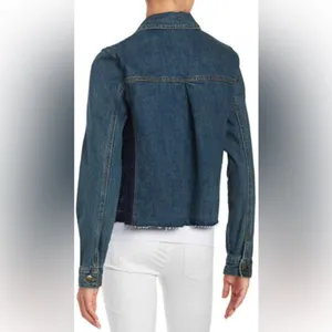 Free People Denim Lace Inset Raw Hem Jean Jacket Size Large thumbnail 2