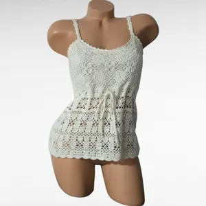 Crochet Tank Top Cream Sleeveless Drawstring Boho Bohemian Festival Small thumbnail 2