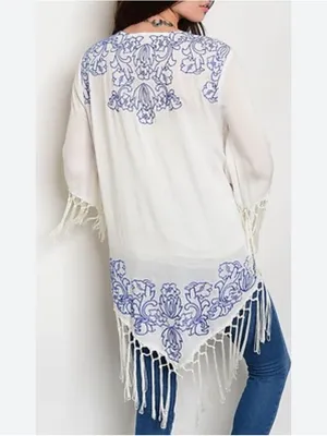 Entro Boho Embroidered Fringe Open Front Kimono Cardigan Cover-Up resortwear thumbnail 2