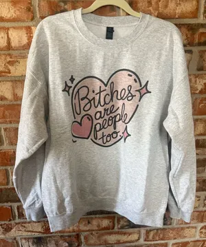 Gildan Light Gray Crewneck Sweatshirt with Pink Heart Script thumbnail 1