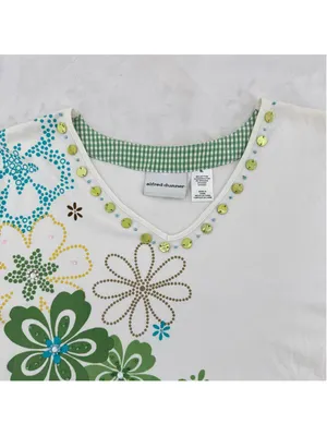 Alfred Dunner Vintage Retro Daisy Flower Tee Beaded V neck Hippie Boho Size XL thumbnail 3