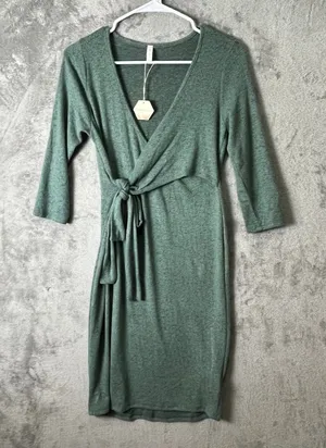 Pinkblush Mint Green Brushed Knit Wrap Fitted Nursing Dress V Neck Small‎ New thumbnail 1
