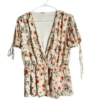 Ember Ivory Floral Ruffle Peplum Wrap Blouse Size M thumbnail 1