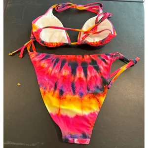 Womens Medium Bikini Set Pink Orange Tie Dye Triangle Top Side Tie‎ Bottom NEW thumbnail 5