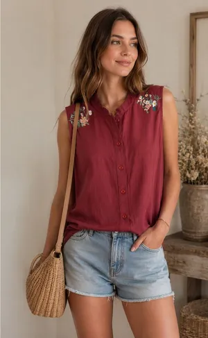 SHEIN‎ Embroidered Floral Boho Cottagecore Sleeveless Button Front Blouse L thumbnail 1