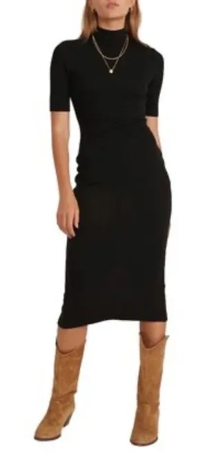 Marine‎ Layer Lexi Rib Mock Neck Midi Dress Womens XS Black Short Sleeve Slit thumbnail 1