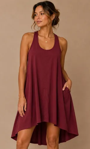 Free Fly Women Dress Medium Burgundy High-Low Racerback Bamboo Blend Pockets thumbnail 1