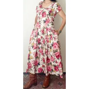 Vintage STARINA Floral Cottage Core Dress SZ M Pink Rose Button Front & Pockets thumbnail 2