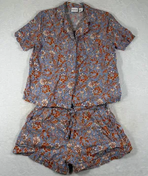 Rachel Zoe Blue Floral Linen Blend Short Sleeve Button Down Pajama Set Small‎ thumbnail 1