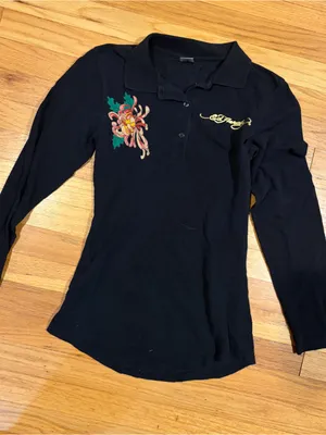 Ed Hardy Women’s M Medium Black Button Polo Long Sleeve Rhinestone Angel Shirt thumbnail 2