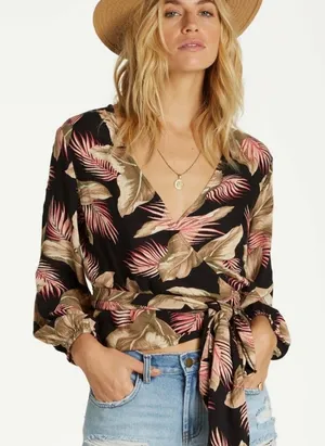🌺 Billabong Tropical Palm Long Sleeve Wrap Crop Top - Women’s Size L 🌿 thumbnail 1