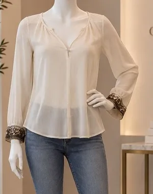 Zara Trafaluc Cream Sheer Blouse Beaded Sequin Cuff Split V-Neck Party XS thumbnail 1