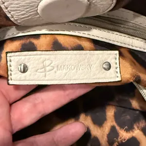 B. Makowsky Blue and Cream Shoulder leather laptop message Bag leopard lining thumbnail 6