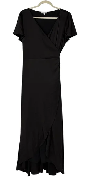 Baltic Born XXL Black‎ Satin Wrap Maxi Dress Short Flutter Sleeve V-Neck Formal thumbnail 1
