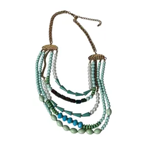 Turquose and faux pearl 5 layer statement necklace thumbnail 3