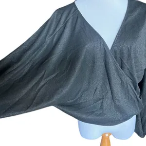NWT Womens Just Fab JustFab Metallic Shimmer Black Ribbed Faux Wrap Top Blouse M thumbnail 2