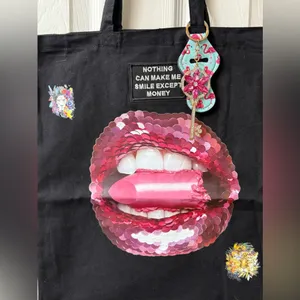 Pink lips black handmade‎ tote bag thumbnail 2
