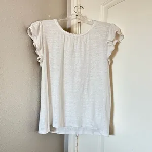 LOFT White 100% Linen Flutter Sleeve Top M Pleated Neck Lightweight thumbnail 3