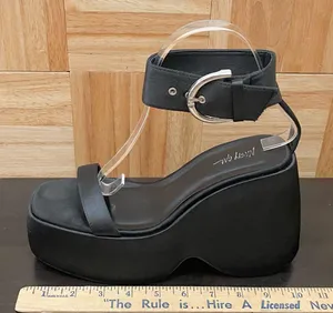 NASTY GAL Black Satin Ankle Strap Buckle Chunky Wedge Platform Sandals Size 8 thumbnail 10