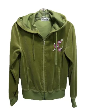 Vintage Connie Velour Green Zip Up Hoodie‎ Buttons Embroidery Pockets thumbnail 1