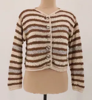 Striped Cropped Cardigan Sweaters Womens Size M Brown Cream Boho Cottage Neutral thumbnail 1