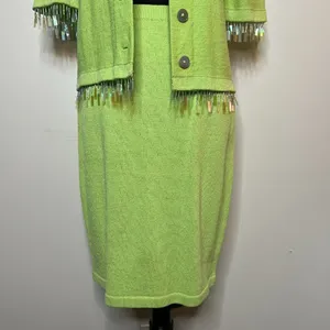 Vintage Liz Sheldon Ltd Lime Green‎ Skirt and Sweater Set w/ Jewel Tassel Detail thumbnail 2