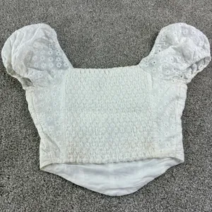 White Eyelet Embroidered Puff Sleeve Crop‎ Top Juniors M Cottagecore Coquette thumbnail 10