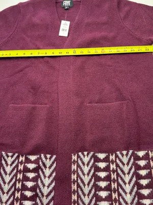 Frye Burgundy Open-Front Cardigan with Cream Geometric Trim Size XL thumbnail 4