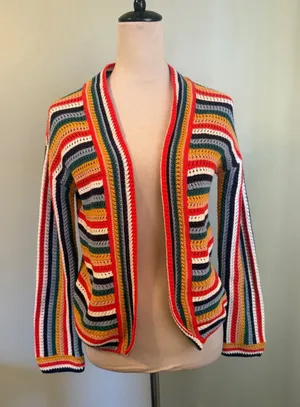 Hanna Andersson Multi boho Striped Crochet Knit Cotton Cardigan whimsi Sweater L thumbnail 1