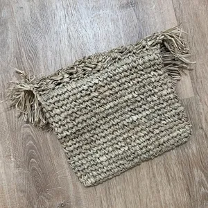 Woven Raffia‎ Straw Fringe Clutch Bag Tan Boho Summer Beach Zippered Handbag thumbnail 4