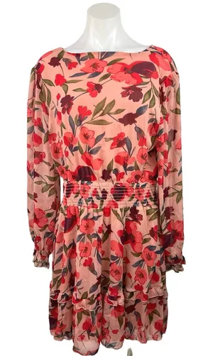 Floral Print Pink Multicolor Open Back Long Puff Sleeve Tiered Ruffle Dress XL thumbnail 1
