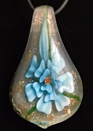 Opaque Gold& Blue Flower Glass Pendant Rubber Cord Necklace With Extend New thumbnail 1