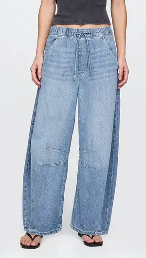 Gap Mid Rise UltraSoft Easy Horseshoe Jeans Drawstring Light Wash Blue Small thumbnail 1