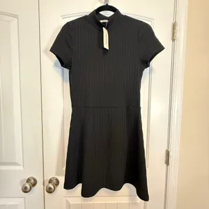 Mi Ami Francesca's Med Black Ribbed Mock Neck Short Sleeve Fit & Flare Dress NWT thumbnail 2