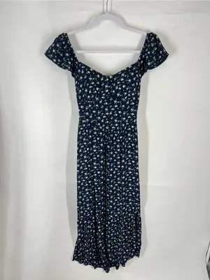 Hollister Navy Floral Puff-Sleeve‎ Midi Dress with Side Slit thumbnail 2