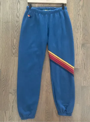 Aviator Nation Stripe Sweatpants in Ocean Blue with Red, Orange, Yellow Large thumbnail 1