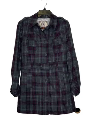 Empyre Overcoat Size Medium Gray Purple Plaid Womens Cotton Button UP &‎ Belted thumbnail 1
