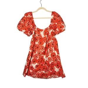 Mango MNG Floral Dress 10 Red Puff Sleeve Cottagecore Boho Milk Maid Peasant thumbnail 2
