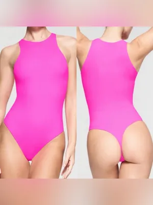 SKIMS Neon Pink Fuchsia Bodysuit High Neck One-Piece Size Small thumbnail 3
