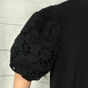 Avec Les Filles Black Eyelet Puff Sleeve Babydoll Peplum Mini Dress Size Small thumbnail 7