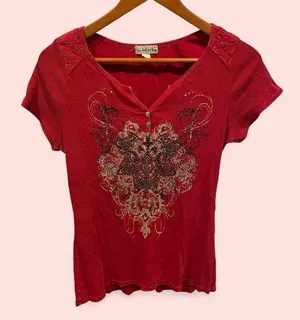 Red y2k soft baby rib bling button neck cap sleeve top Live and let live thumbnail 1