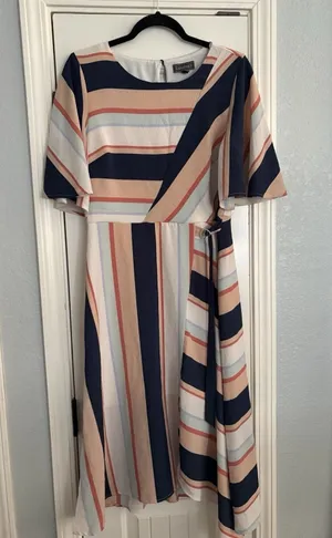 Luxology Striped Faux Wrap Midi Dress Womens Large Navy Peach Flutter Sleeve EPC thumbnail 1