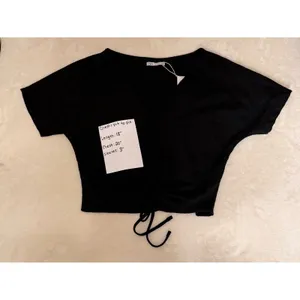 ZARA Textured V Neck Tie Front Crop Top Medium‎ M Black Short Sleeve Crinkle NWT thumbnail 7