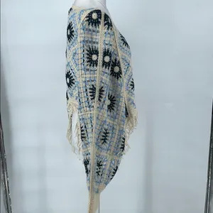 House Of Harlow 1960 Blue and Cream Crochet Fringe Sweater Shrug Coverup One Siz thumbnail 6